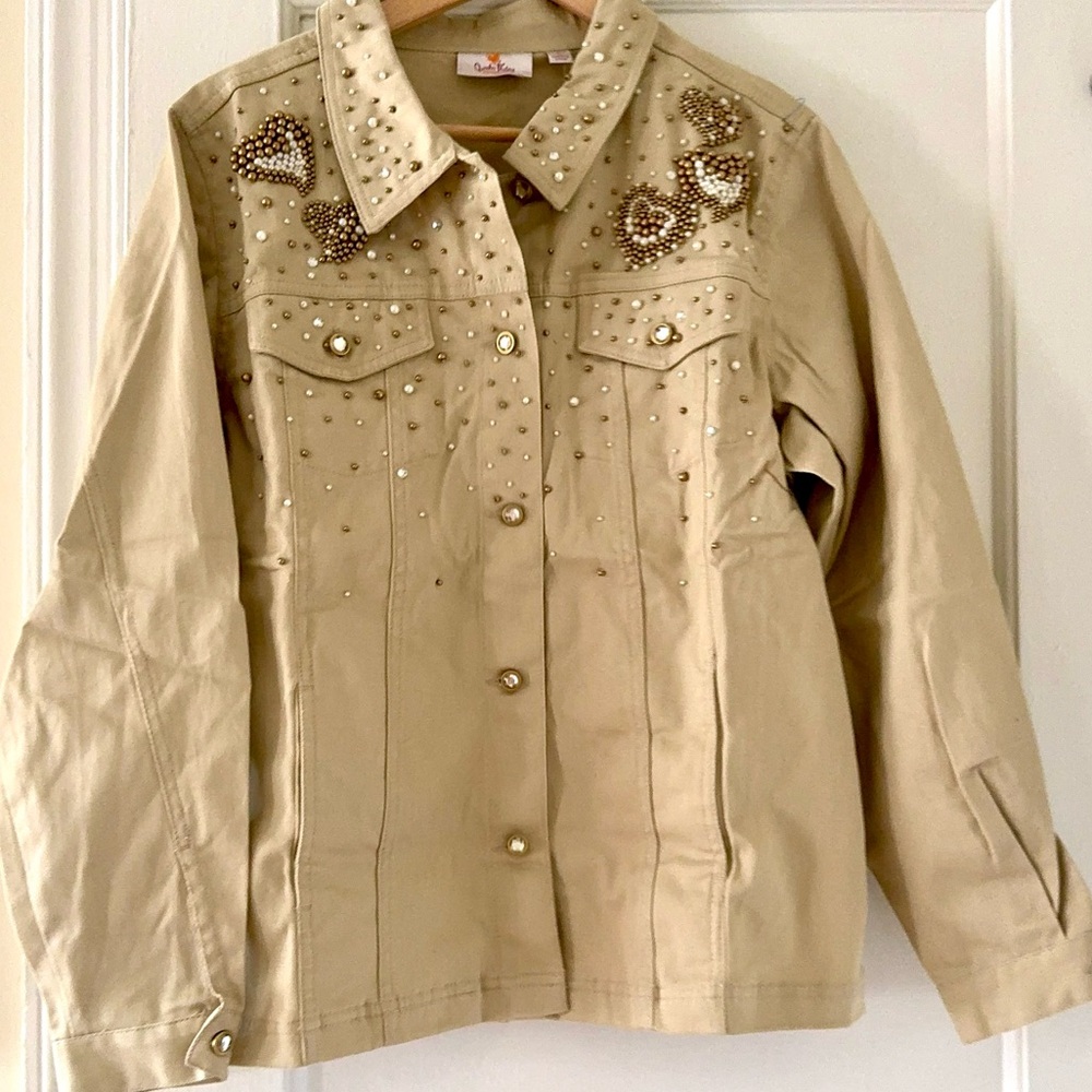 Quacker Factory Tan Bedazzled Pearls Denim Button Up Boho Rockabilly Western